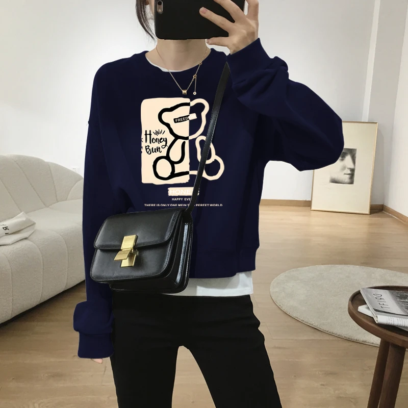 假两件圆领套头短款卫衣女加绒加厚秋冬上衣宽松小个子春秋薄款