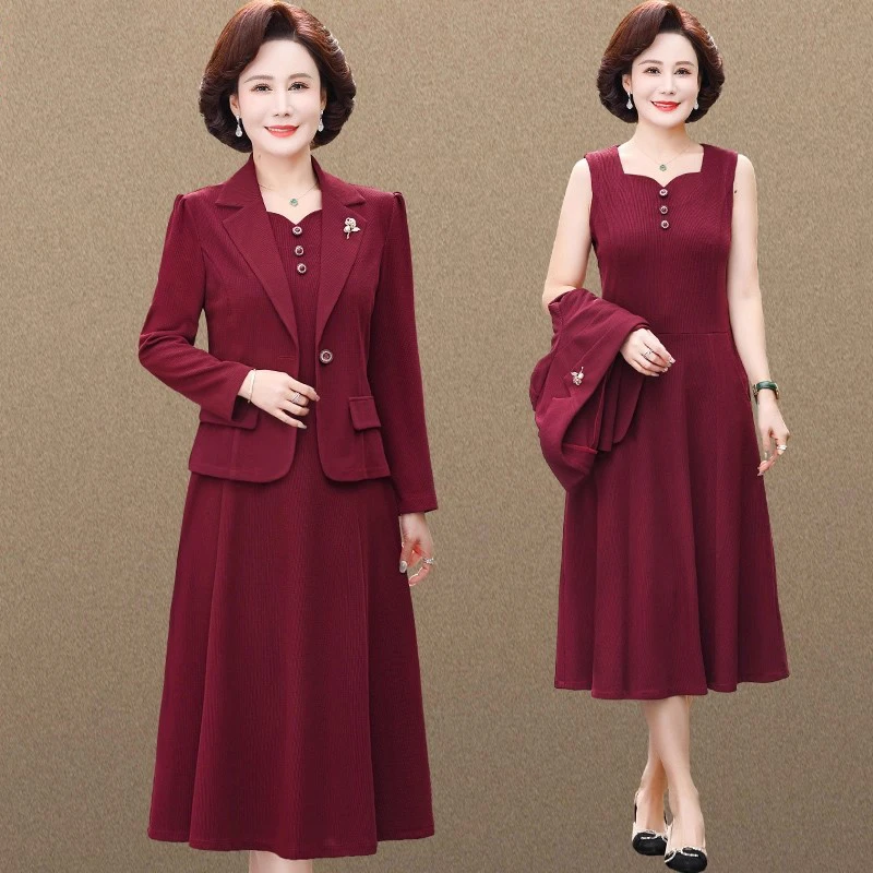 中年妈妈西装外套婚宴礼服两件式洋装装中老年春秋裙子喜婆婆装