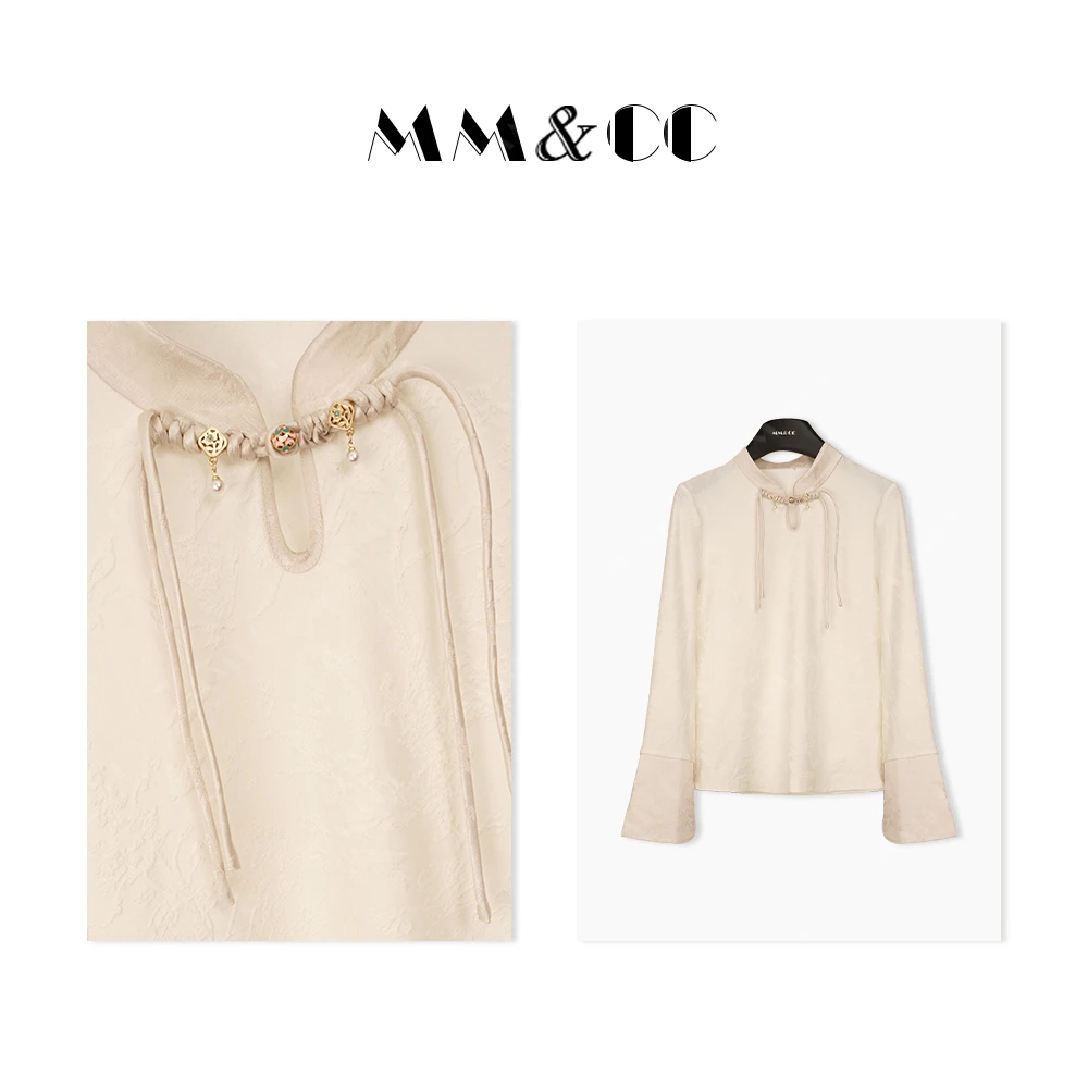 仫赐【初风】国风盘扣打底上衣女春2024新款提花内搭黑色上衣F9178