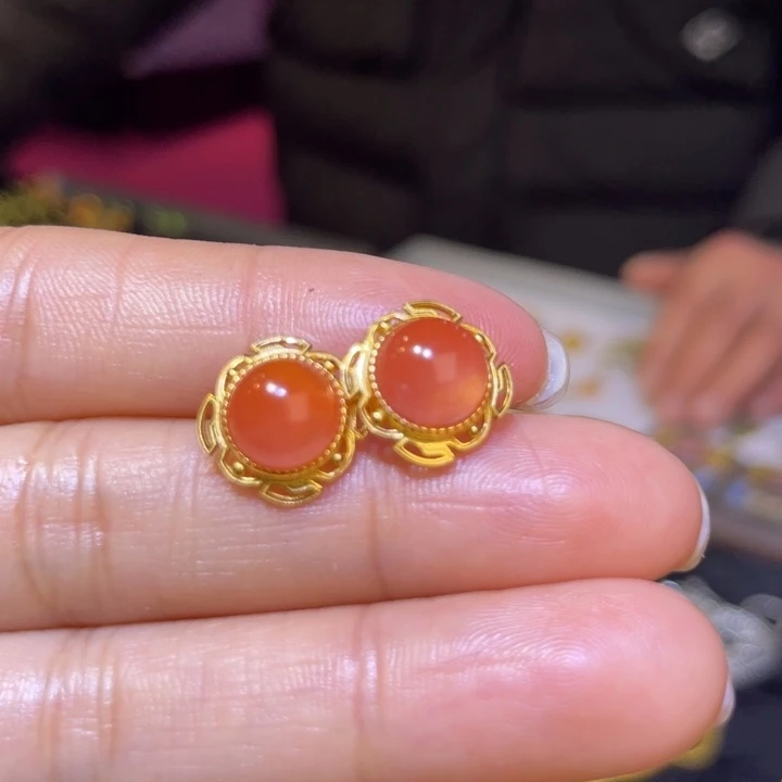 南红玛瑙银S925镶嵌耳饰