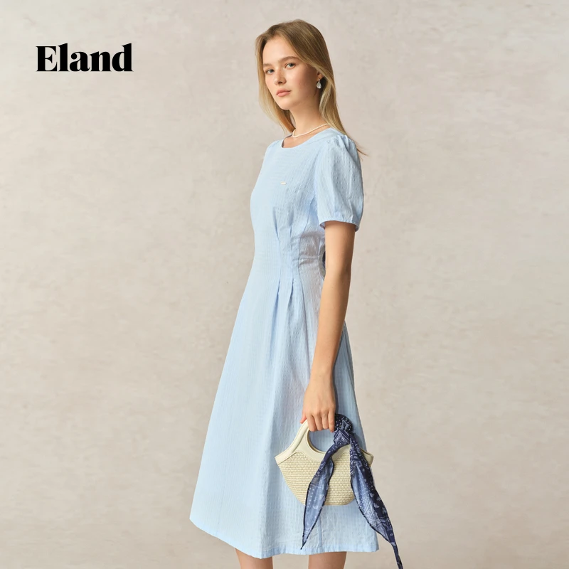 【柔光裙】Eland衣恋度假感格纹法式泡泡袖连衣裙女夏季EEOWF25T7B