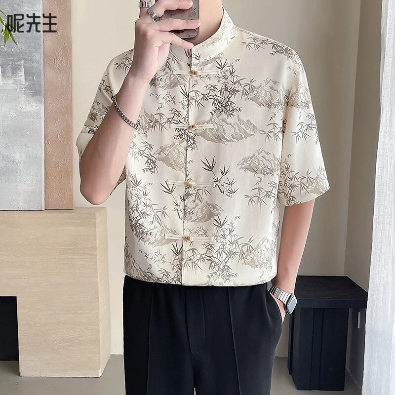新中式唐装男中国风夏季薄款冰丝短袖衬衫男立领宽松大码上衣潮流