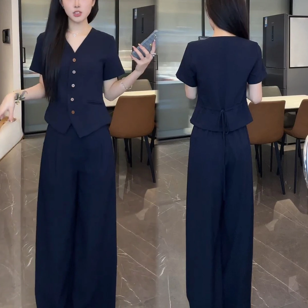 2025夏季新款时尚韩版气质显瘦V领短袖上衣阔腿裤休闲两件套装女
