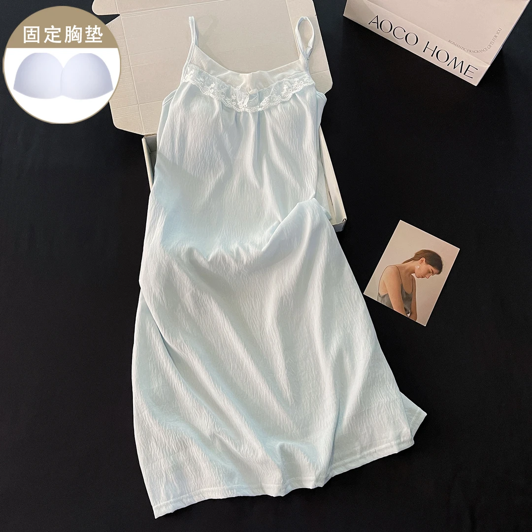 带胸垫睡裙女新款夏季蓝色甜美性感吊带睡衣薄款蕾丝连衣裙家居服