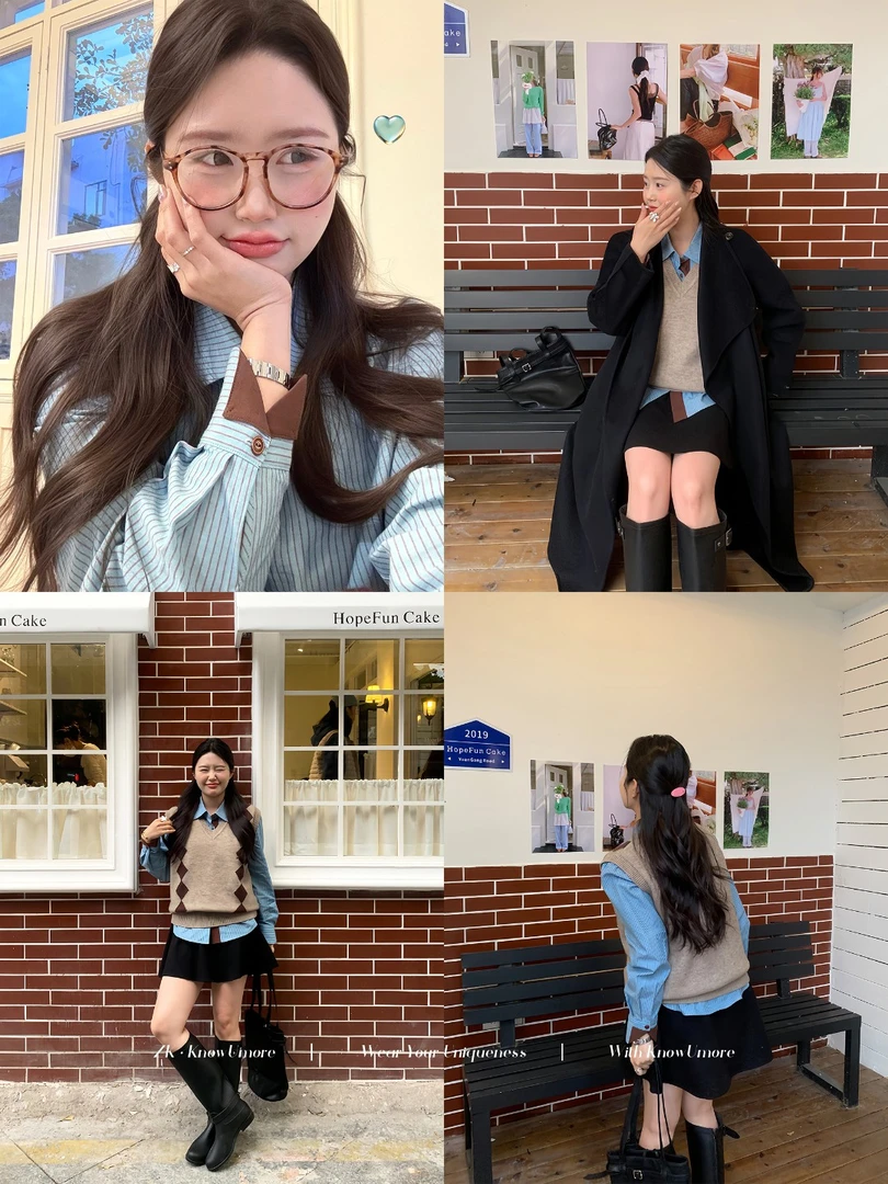 知葵微胖定制【格雷西西】秋冬韩系学院风菱格马甲+衬衫套装9485