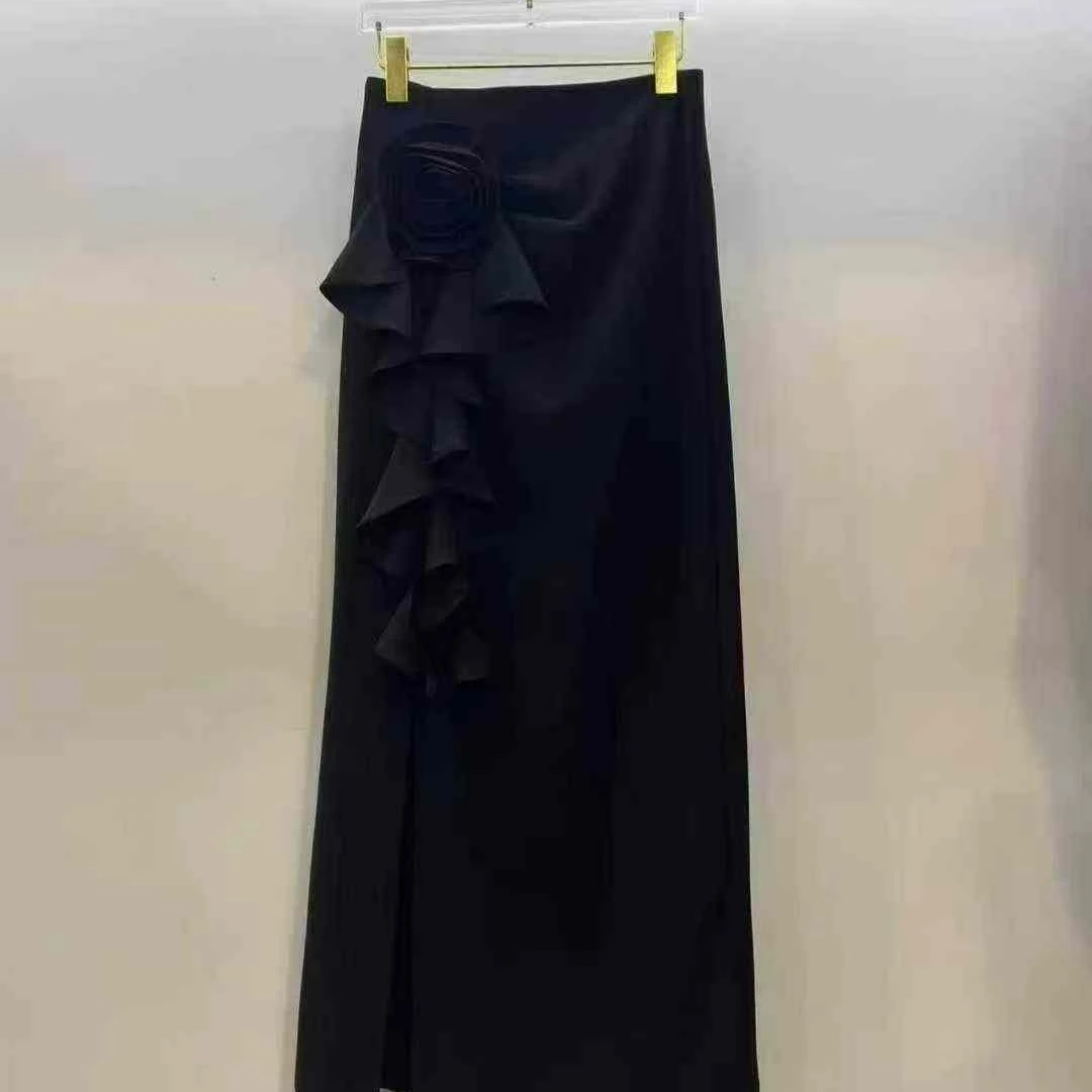 荷叶造型立体花朵设计百搭开叉半身裙时尚秋季长裙