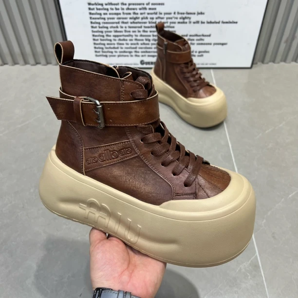 主播推荐2025年（9667-2）7公分厚底系带马丁靴圆头拼色复古短靴