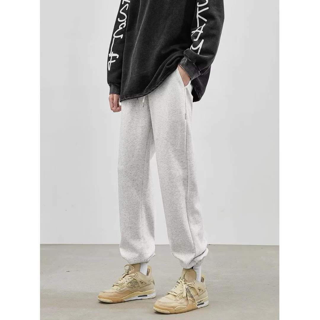 美式白灰色束脚卫裤女春秋季运动纯色运动休闲裤宽松长裤子男生