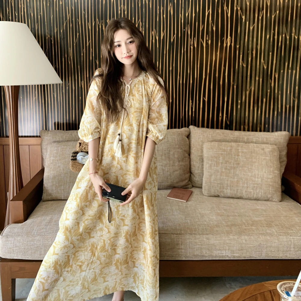 法式碎花仙女连衣裙女夏季2025新款慵懒风时尚宽松巨好看遮肉长裙