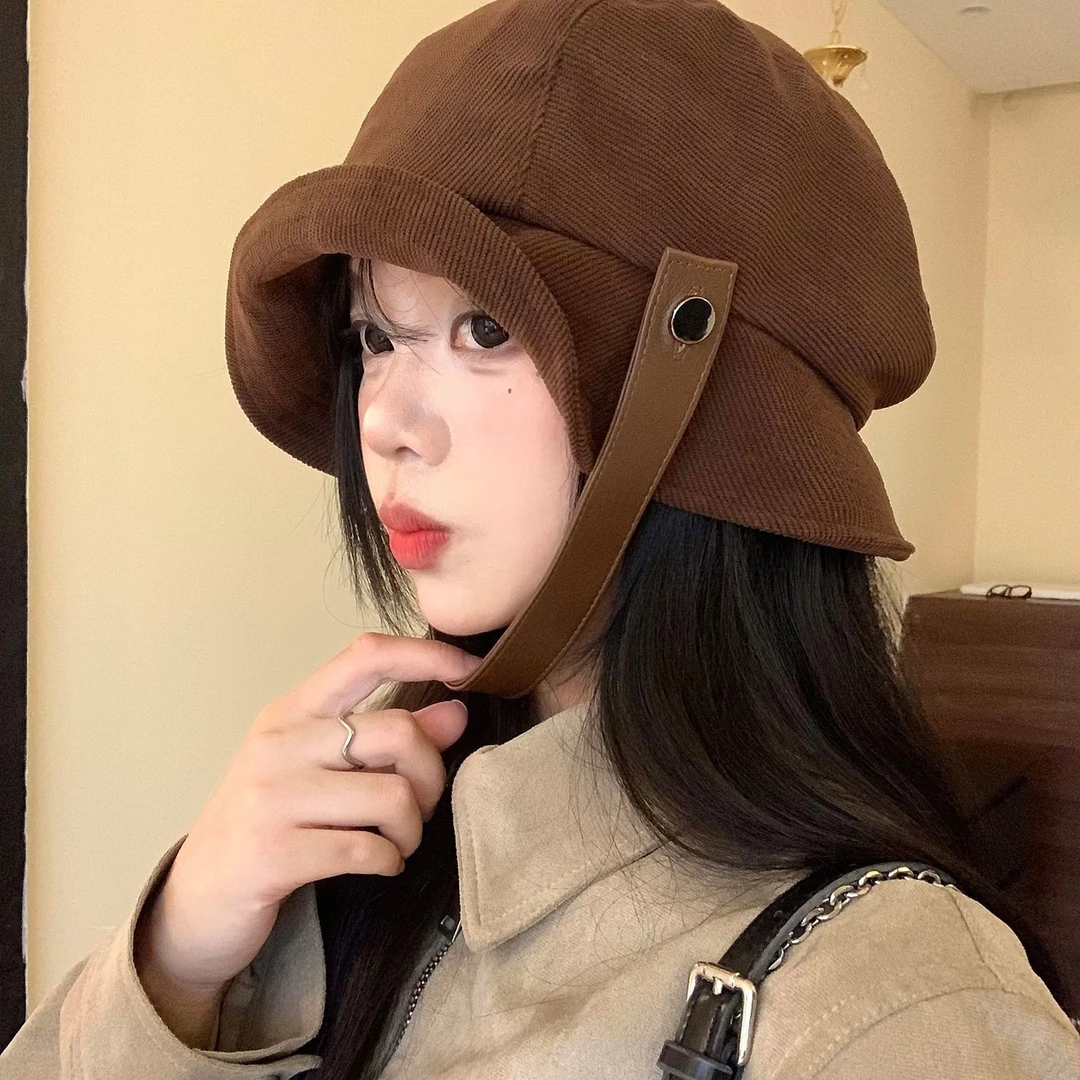 帽子水桶帽针织百搭日系ins棕色日系女反戴贝雷帽女礼帽大头围