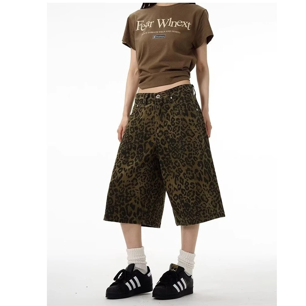美式复古豹纹裤子女装夏季宽松bf慵懒风高街显瘦牛仔短裤七分裤