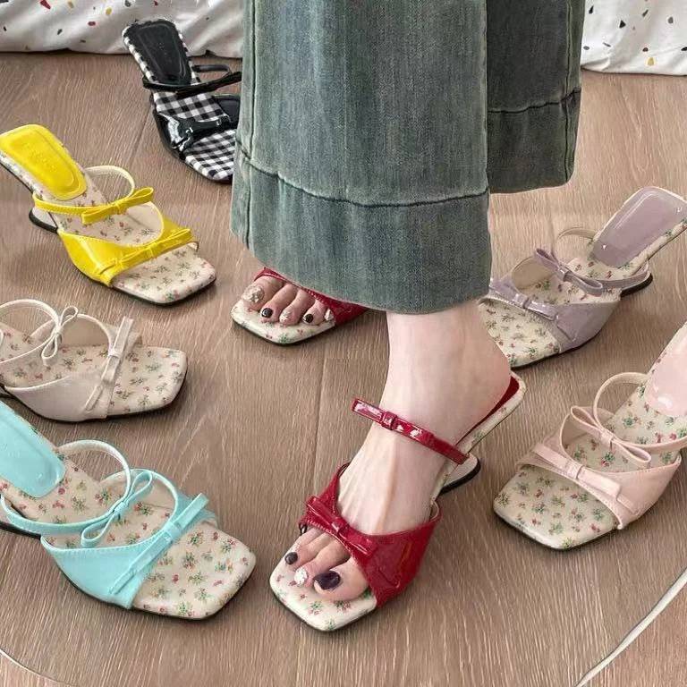 小碎花~甜美风通勤休闲凉鞋女夏季新款蝴蝶结一脚蹬凉拖坡跟