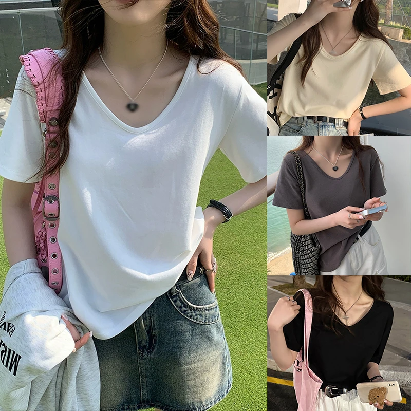 v领t恤女2025新款夏季韩版纯色短袖正肩宽松百搭显瘦低领白色上衣