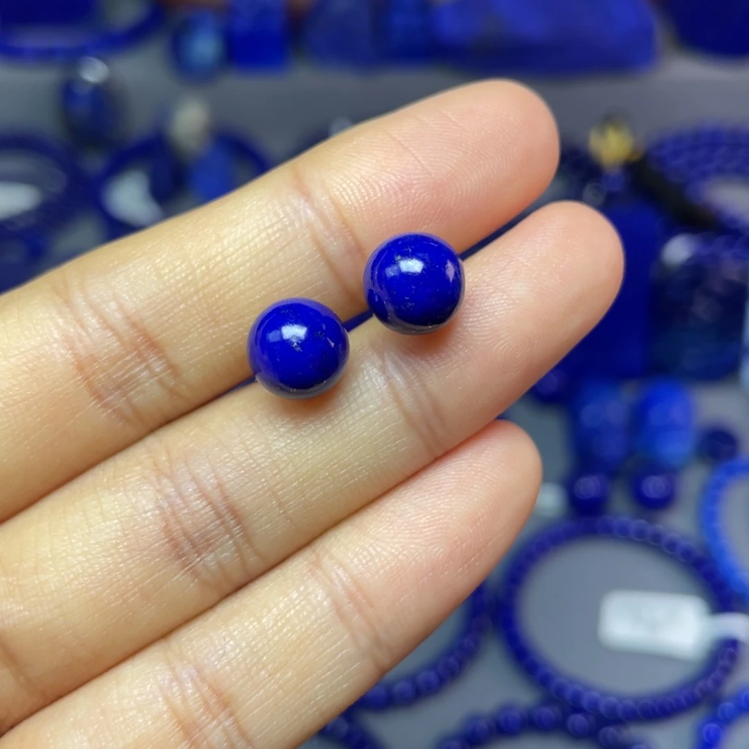 青金石银S925镶嵌8mm耳饰