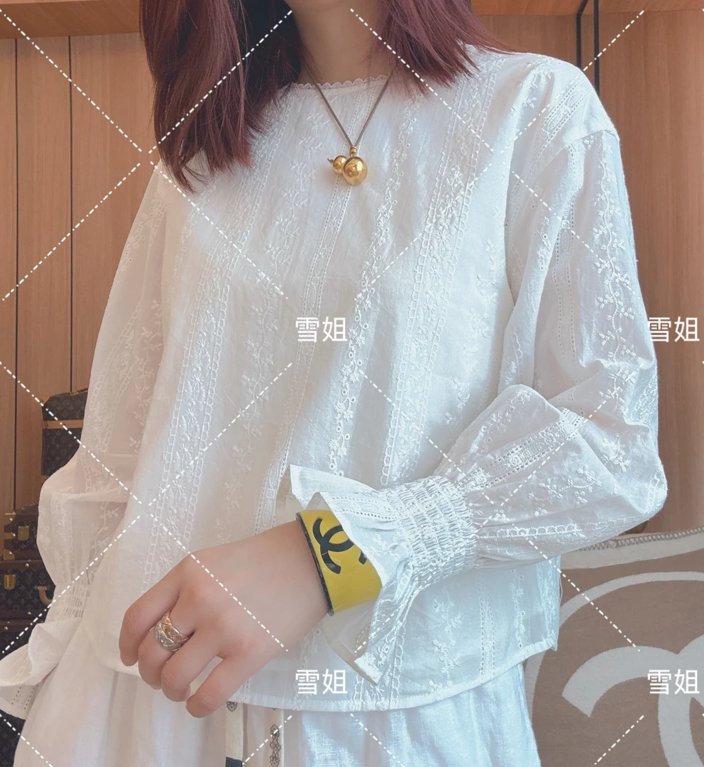 雪姐服饰「花束袖白T」花边白色长袖高级感气质小衫灯笼袖蕾丝上衣