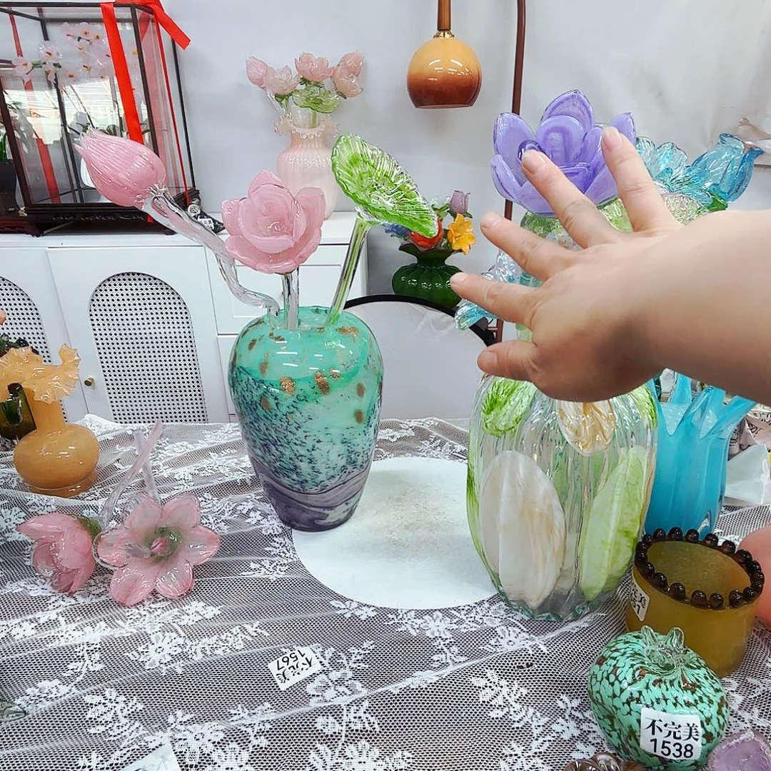 荷花一套琉璃花瓶花器摆件艺术品