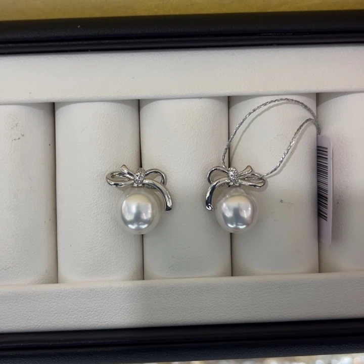 海水珍珠上新澳白蝴蝶结耳钉9-10mm银S925镶嵌