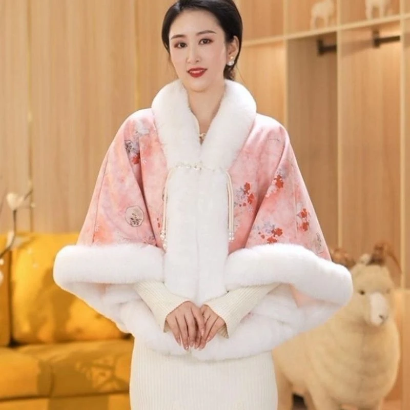 人造皮草 民国加绒加厚新款斗篷2025披肩旗袍秋冬保暖外套毛绒