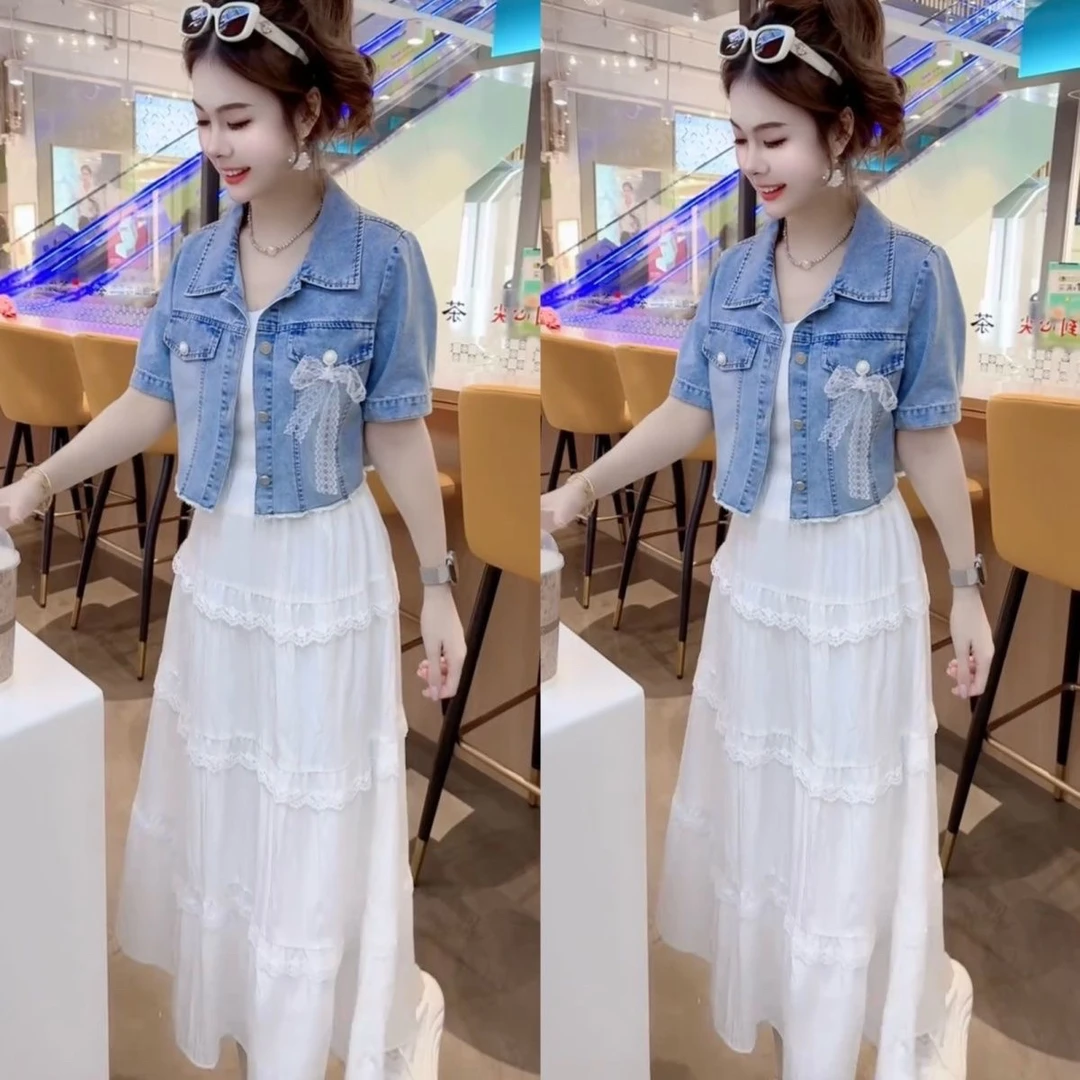 2025夏新款时尚白色吊带连衣裙短袖牛仔短外套清新两件套裙减龄潮