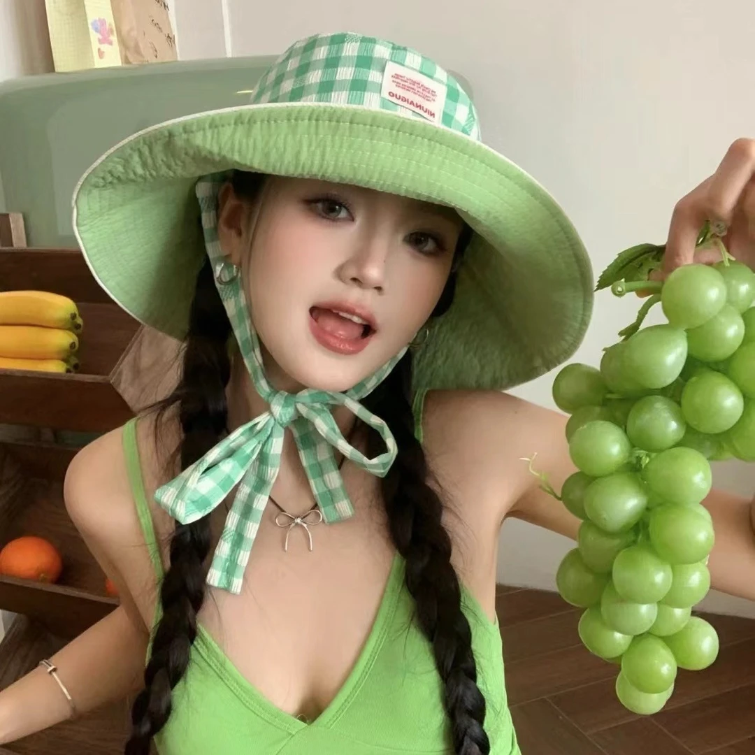 新款韩版ins格纹系带渔夫帽女夏户外出游大帽檐双面防晒遮阳帽子