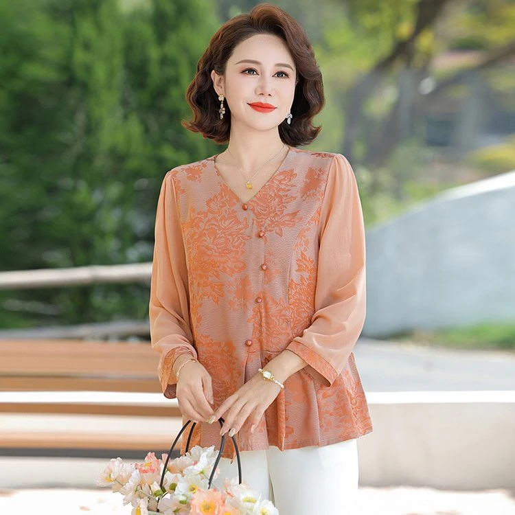 妈妈装假两件休闲风碎花女装中式民族风中老年上衣