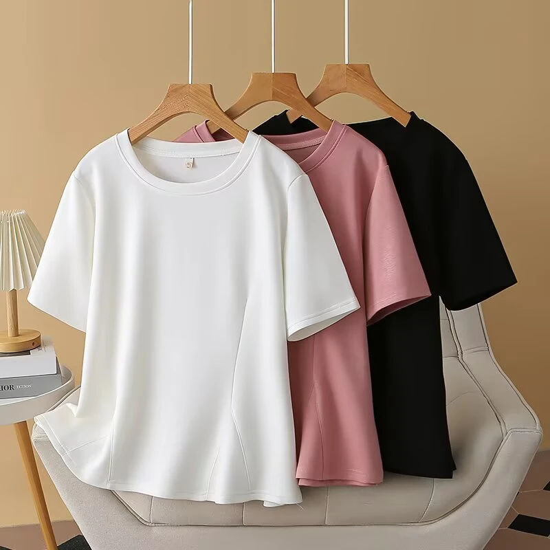 大码女装夏季新款时尚洋气宽松显瘦鱼尾下摆设计感圆领T恤2428