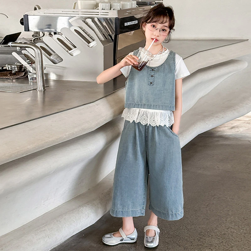 女童套装儿童洋气时尚牛仔三件套童装夏季女孩休闲阔腿裤中大童