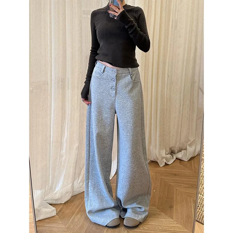 灰色宽松阔腿休闲裤女冬季修身显瘦运动裤加绒直筒裤拖地裤