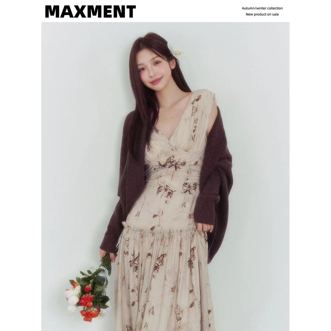 MAXMENT法式蝴蝶印花V领碎花连衣裙蝙蝠袖显瘦慵懒针织外套8970欧