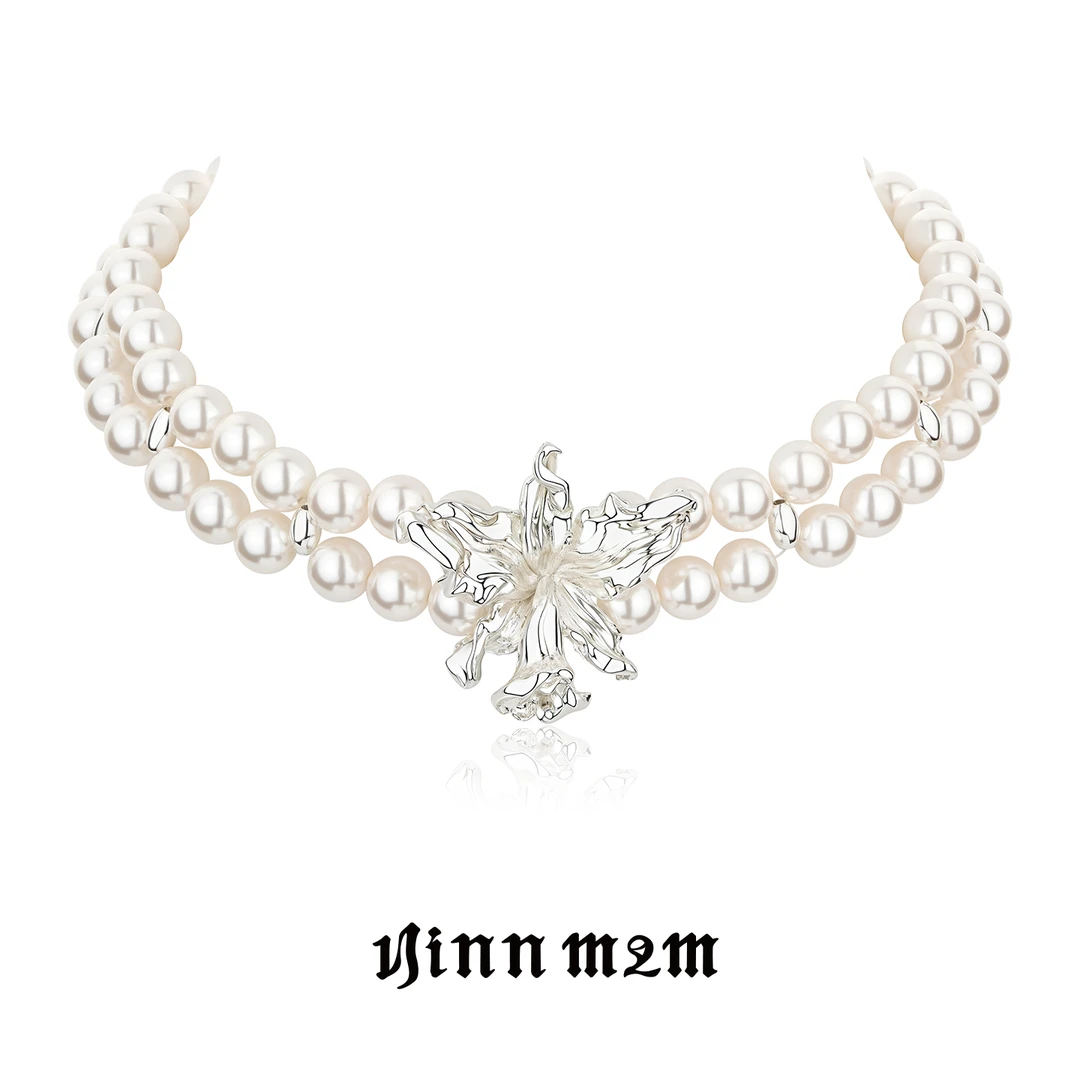 合金亚克力吊坠 1JINN M2M双层珍珠金属花小众轻奢锁骨链