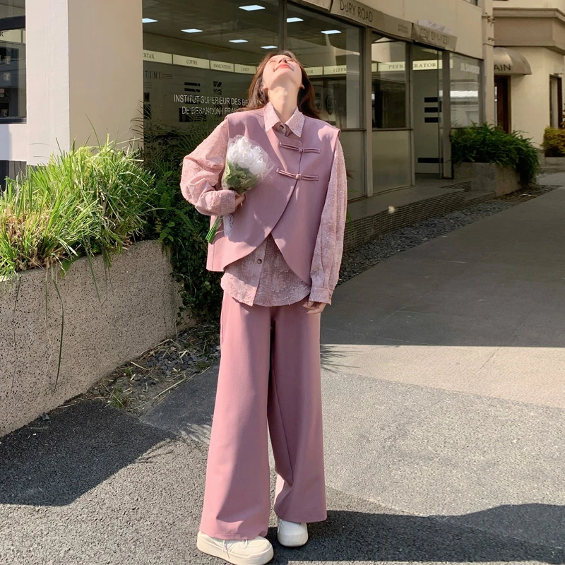 新中式国风盘扣马甲衬衫阔腿裤套装2025春秋新款复古氛围感三件套