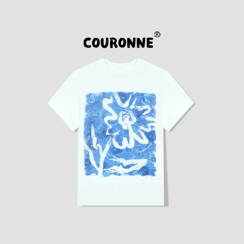 【桐桐】-天丝亚麻‘’蓝色絮语‘’春夏复古减龄显瘦撞色软糯T恤35067