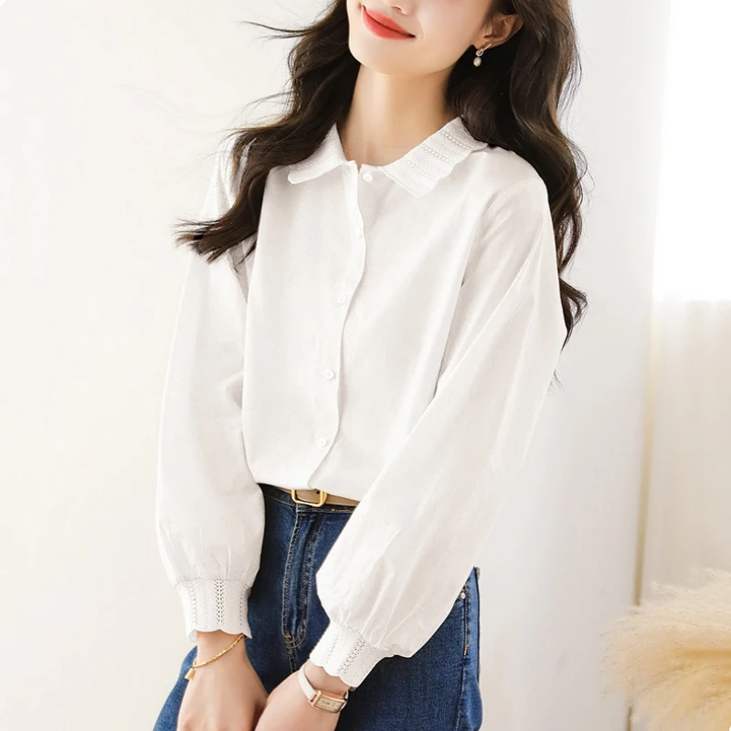 锡特帕第春秋季新款纯棉衬衣娃娃领衬衫女长袖宽松小众百搭上衣