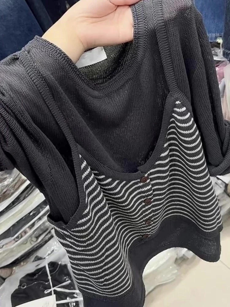 韩系chic温柔风条纹假两件针织衫2025秋新款宽松百搭外穿长袖小衫