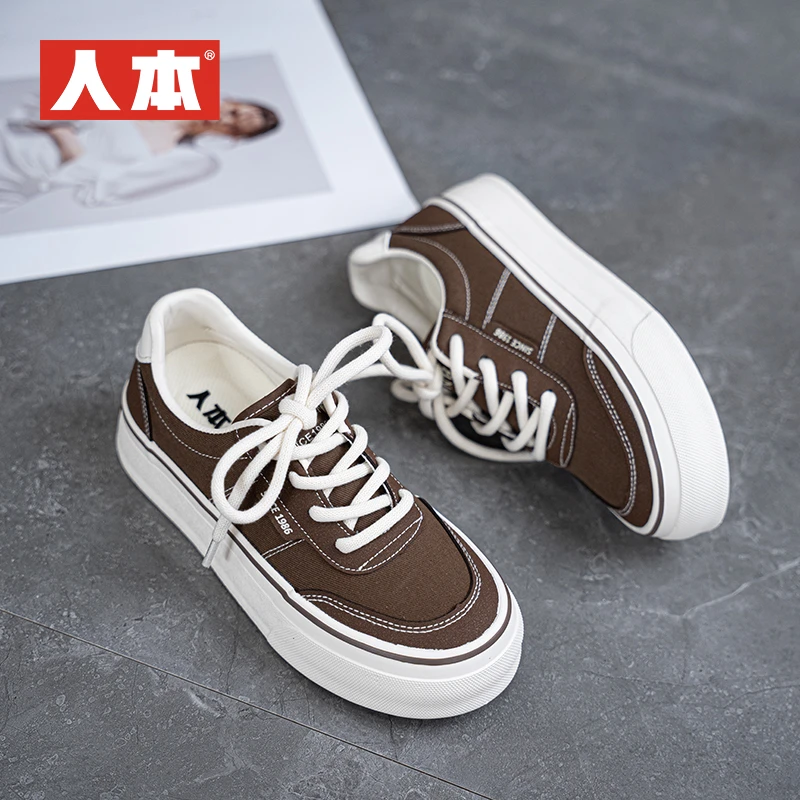 人本爆款圆头帆布女款2025新款百搭学生复古时尚日系休闲板鞋