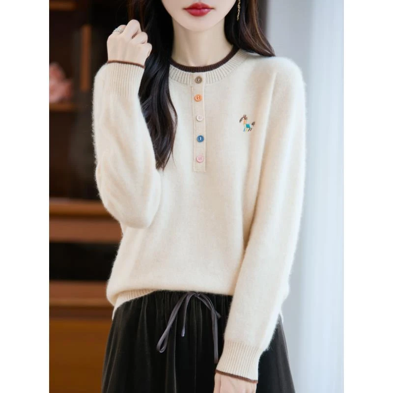 100%纯羊毛女士假两件半开彩扣刺绣羊毛上衣D279