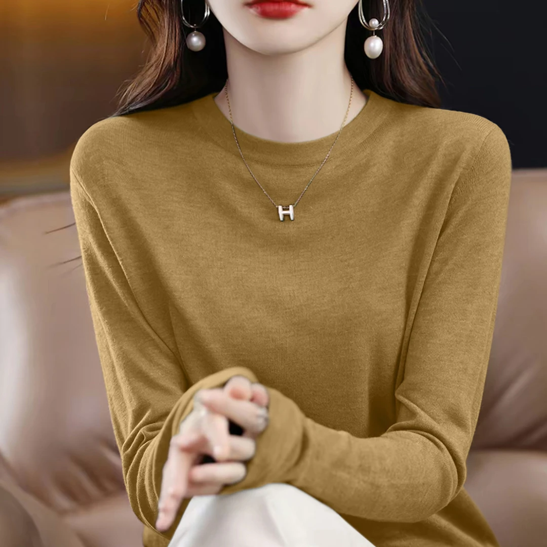 2025新款圆领内搭气质修身针织衫长袖女士秋季打底衫上衣纯色毛衣