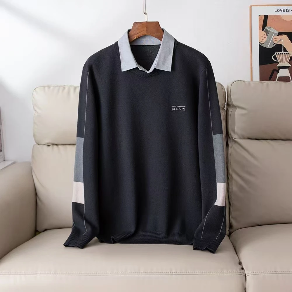 HS463剪标断码特价冬季保暖双领撞色休闲拼接字母针织假两件