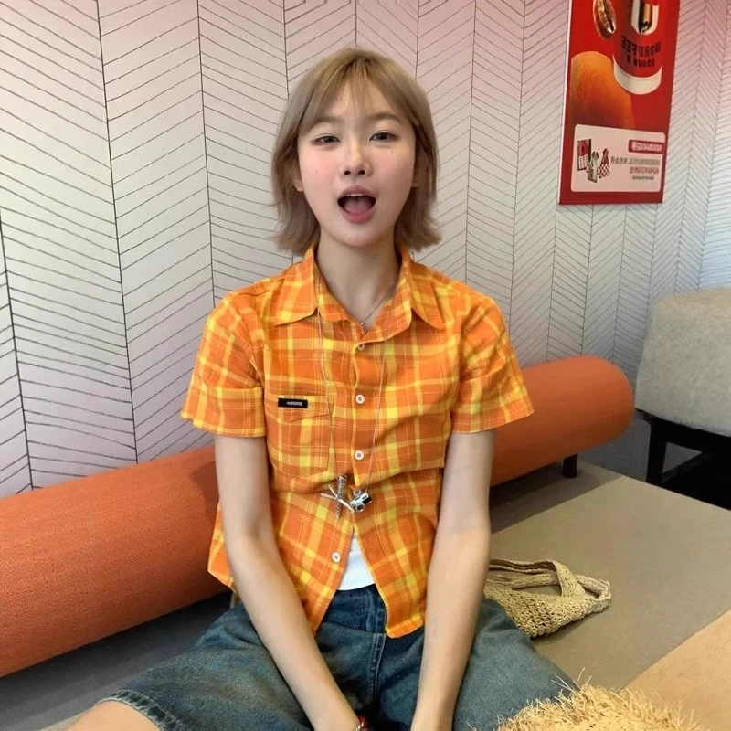 【大顺专属】夏季多巴胺格子短袖衬衫女学院风格纹衬衣短款显瘦上衣