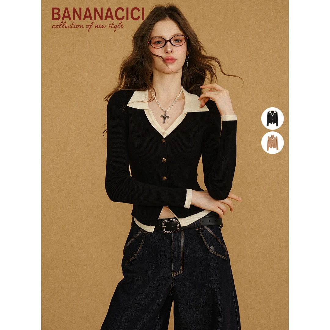 BANANA CICI2025年秋季新款撞色假两件v领polo领修身毛衣针织开衫