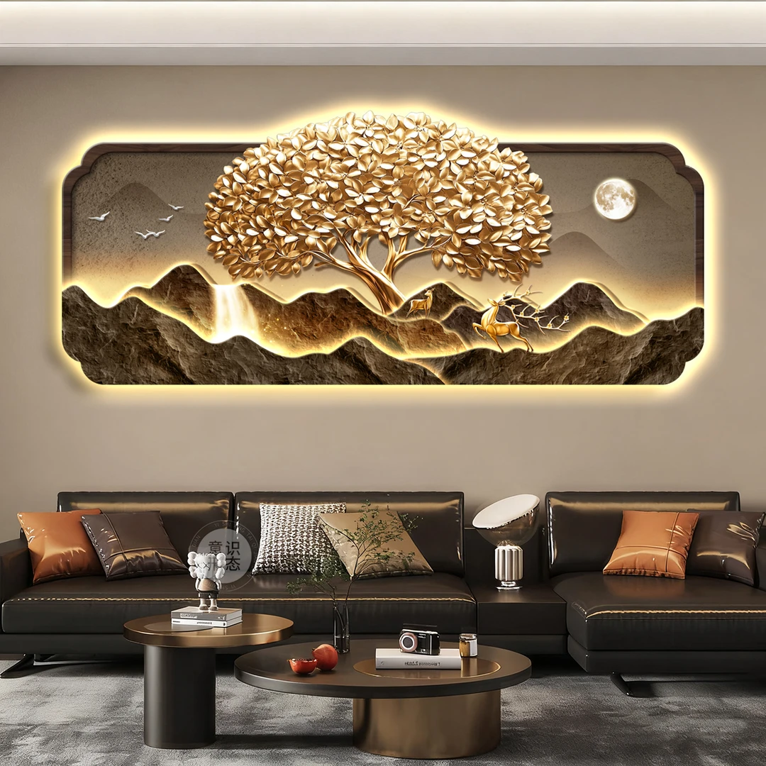 轻奢大气客厅装饰画发财树沙发背景墙挂画led灯办公室茶室壁画