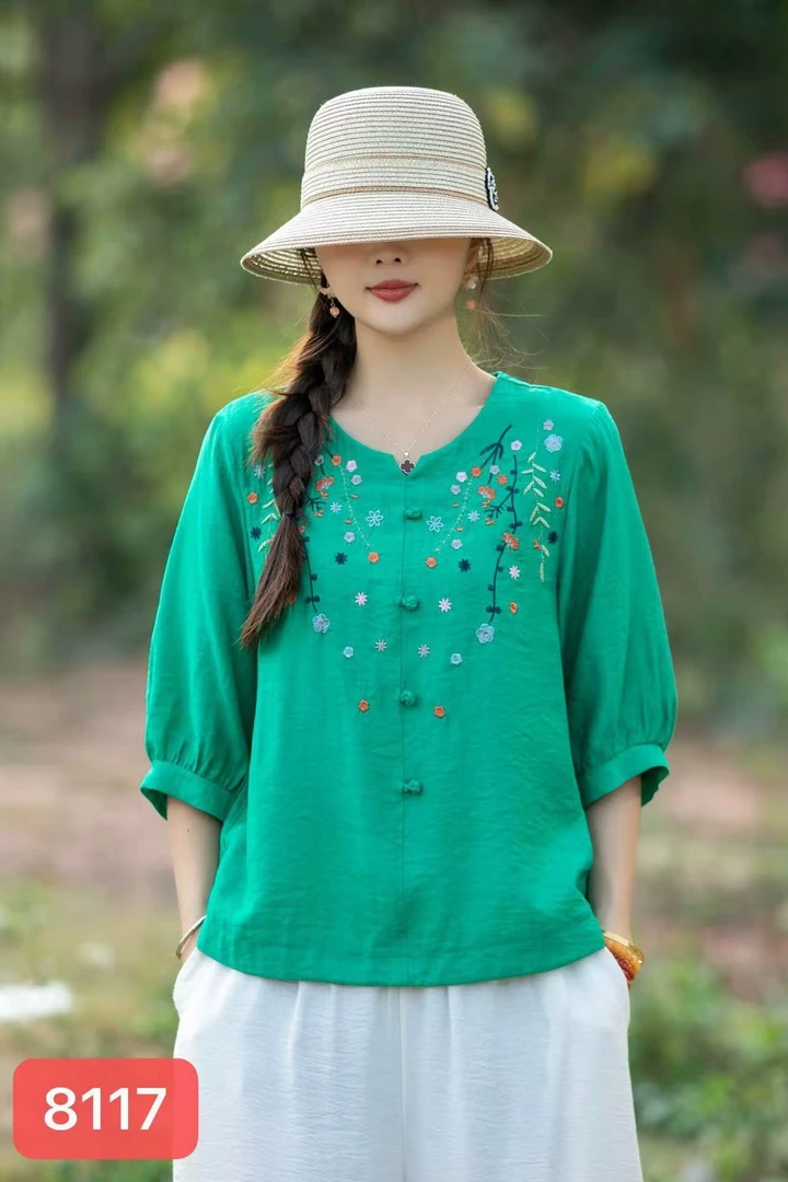 3089#夏季短袖袖衬衫复古刺绣圆领上衣百搭复古小衫