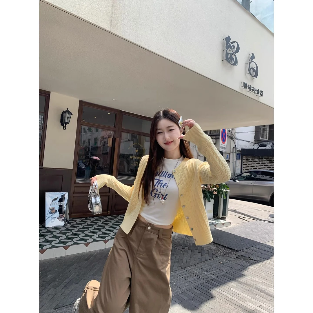 奶黄色毛衣开衫外套女2025新款长袖针织衫秋季外穿设计感韩系上衣