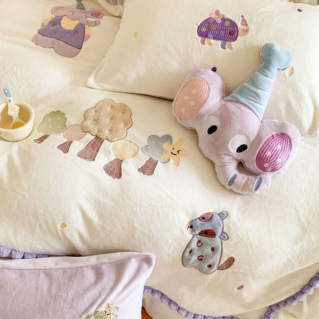 卡通少女心冬季牛奶绒四件套紫色珊瑚绒被套儿童女孩床品三件套