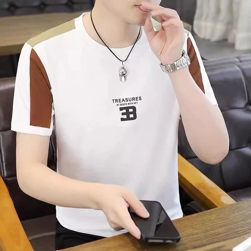 短袖t恤男士2025夏季新款个性拼接套头体恤字母刺绣休闲打底衫