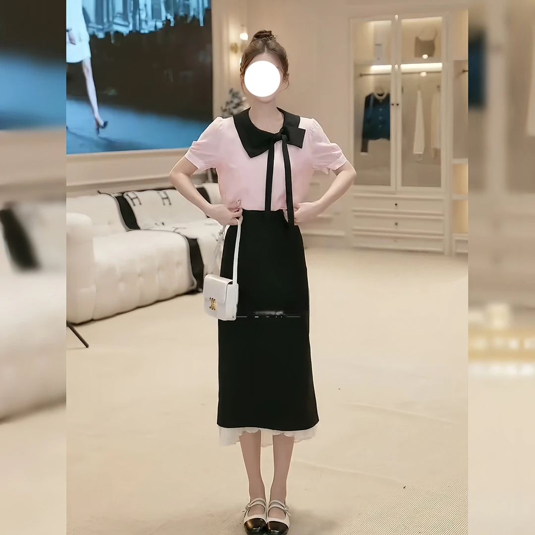 法式小香风粉色系带衬衫女撞色轻奢名媛洋气黑色夏季包臀裙套装