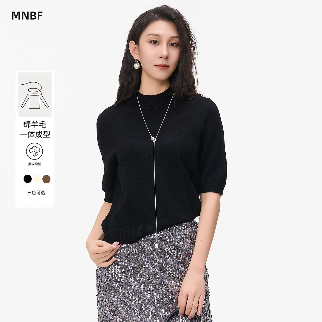 曼诺比菲商场同款秋季圆领针织套头毛衣女中袖小衫MFCM135087