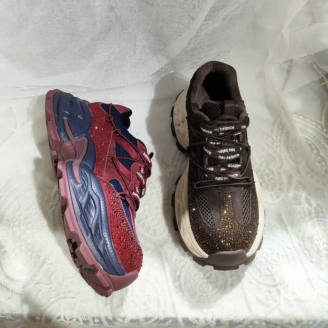 冬季新款复古厚底老爹鞋小众休闲真皮增高女鞋带钻运动鞋ZS9202