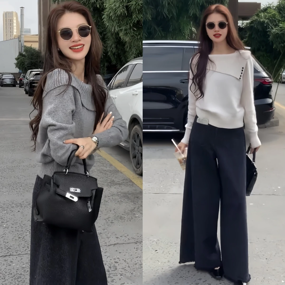 2025秋季新款极简风百搭韩版高领长袖针织衫高级感洋气长裤套装女