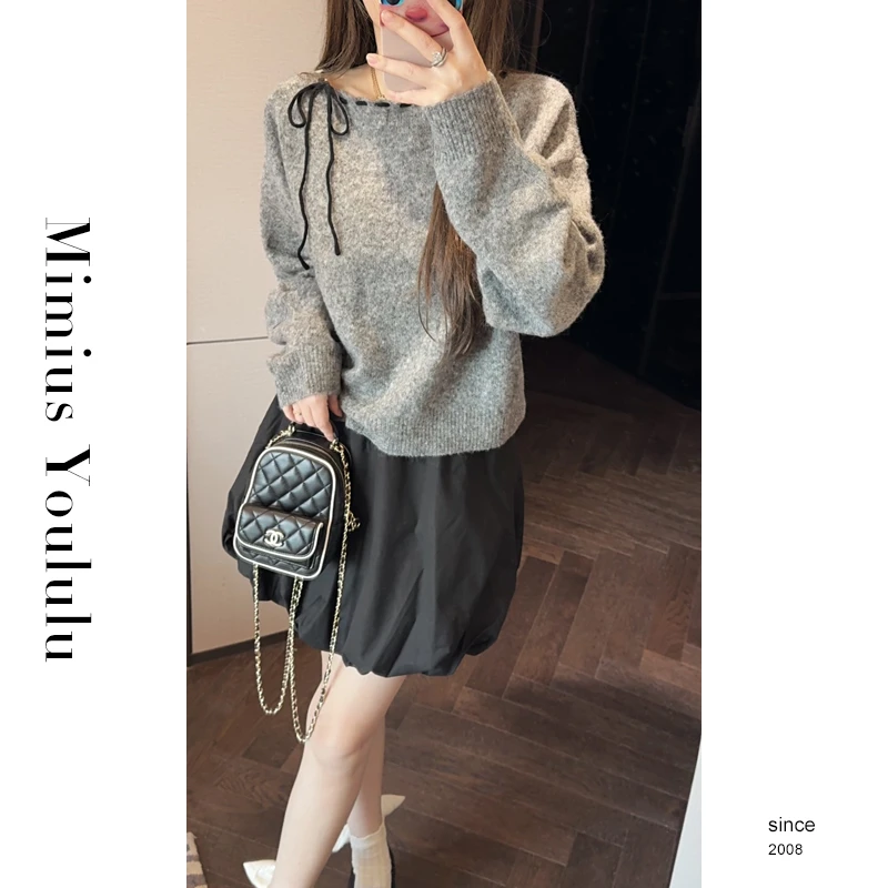 【mimius】U 韩系甜美慵懒软糯蝴蝶结系带针织衫 WG07110